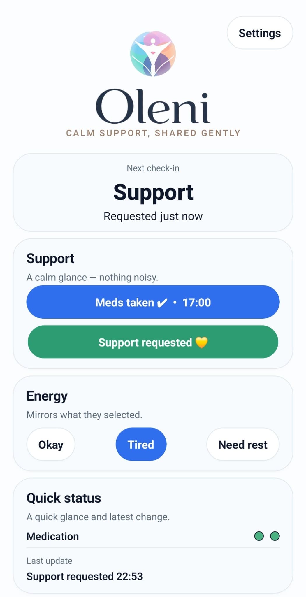 Oleni linked supporter screen showing a support request and read-only status.