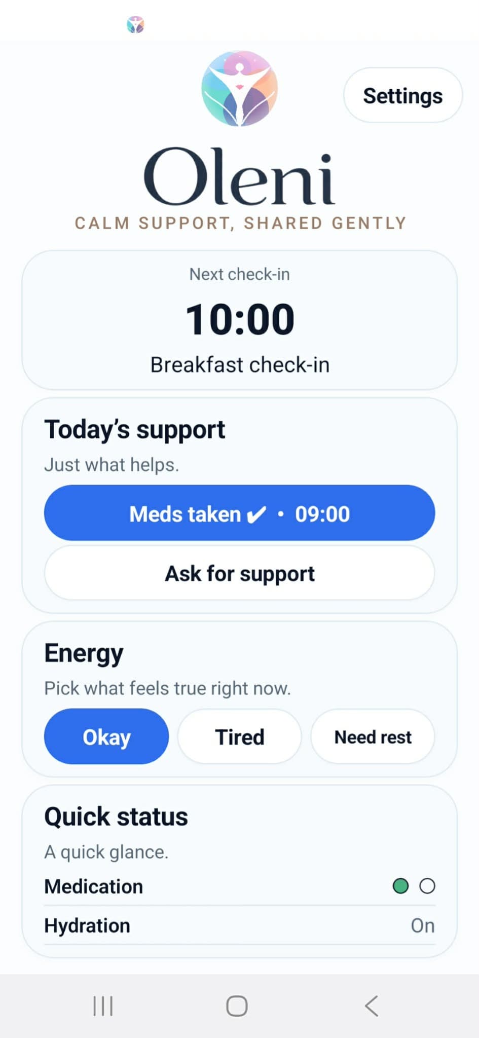 Oleni user home screen showing medication, check-ins, energy and quick status.